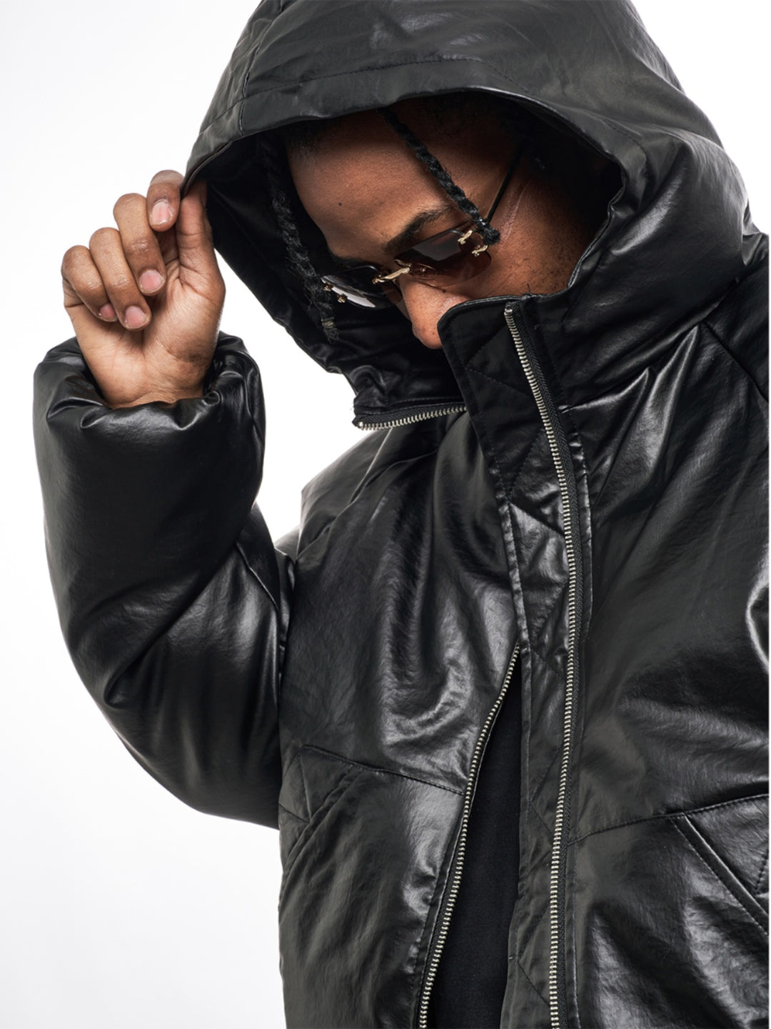 F3F Select Windproof Hooded PU Leather Puffer Bomber Jacket | Face 3 Face