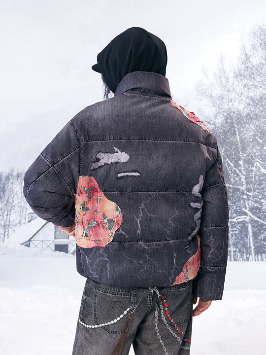 YADcrew Evening Lace Patch 3D Printed Denim Down Jacket | Face 3 Face