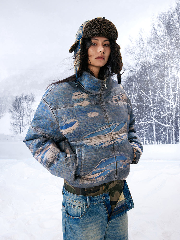 YADcrew Ragged Oil Denim Printed Down Jacket | Face 3 Face