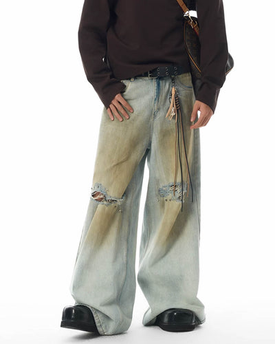 JHYQ Dirty Dye Ripped Rivets Diamonds Baggy Jeans | Face 3 Face