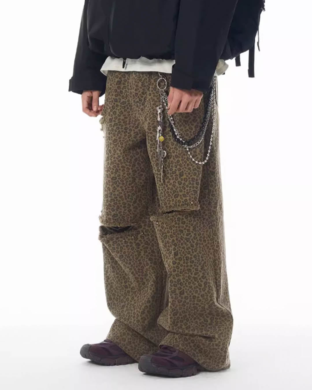 JHYQ Broken Holes Diamond Leopard Print Baggy Pants | Face 3 Face