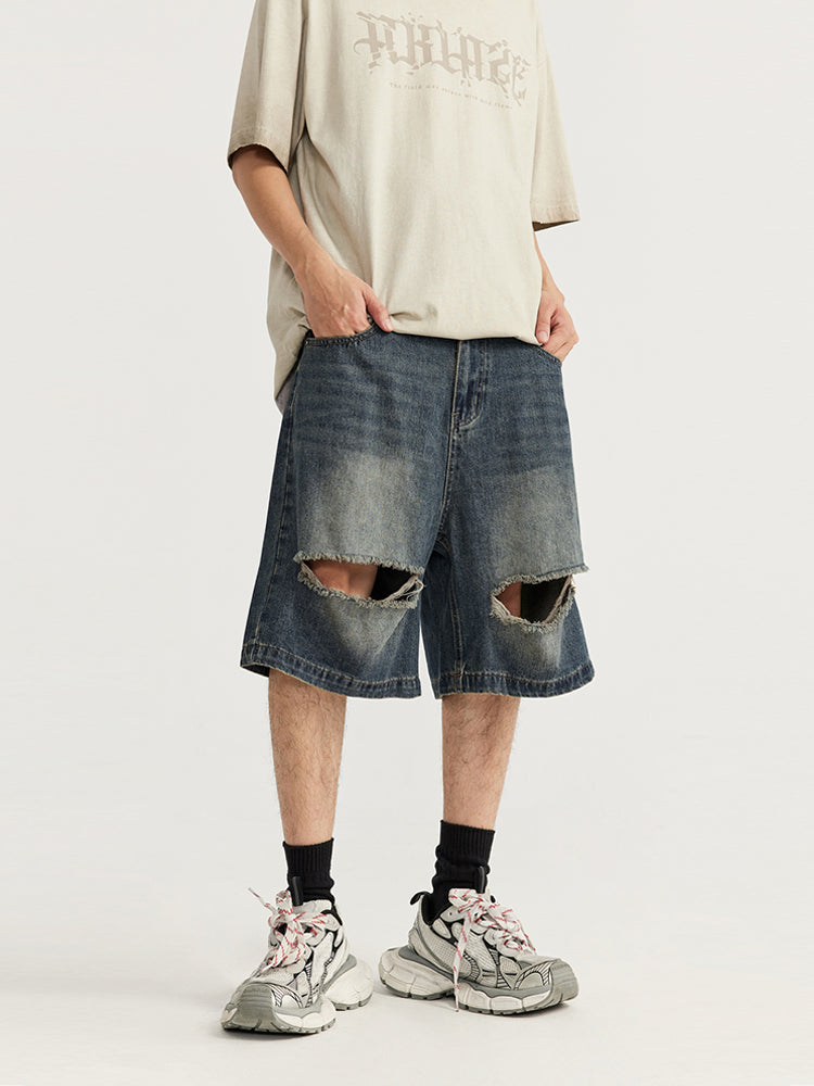 F3F Select RetroWashed Old Holes Wide Denim Short Jeans