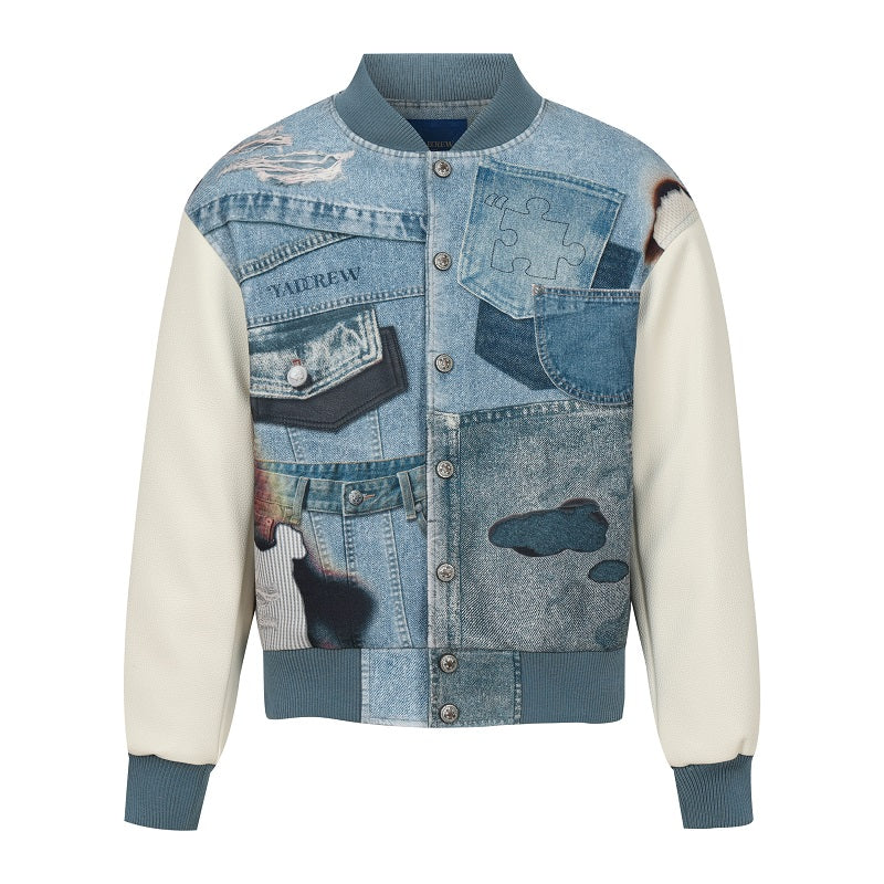 YADcrew Denim Printed Varsity Jacket | Face 3 Face