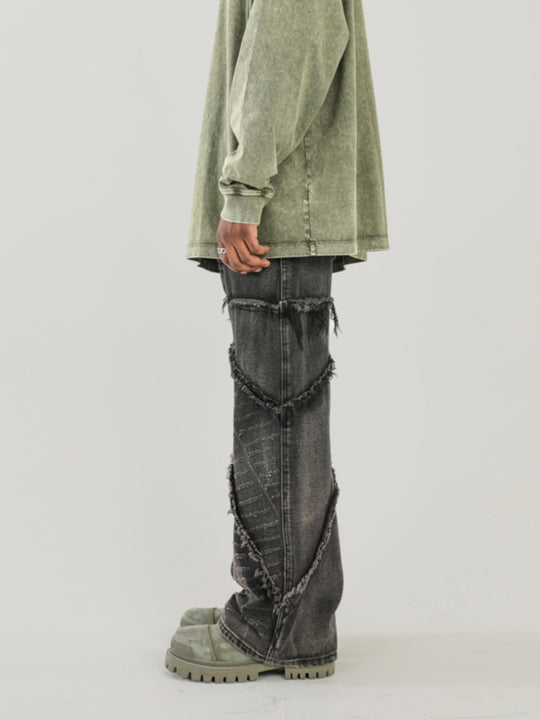 F3F Select Vintage Washed & Old Damaged Raw Edge Splicing Jeans