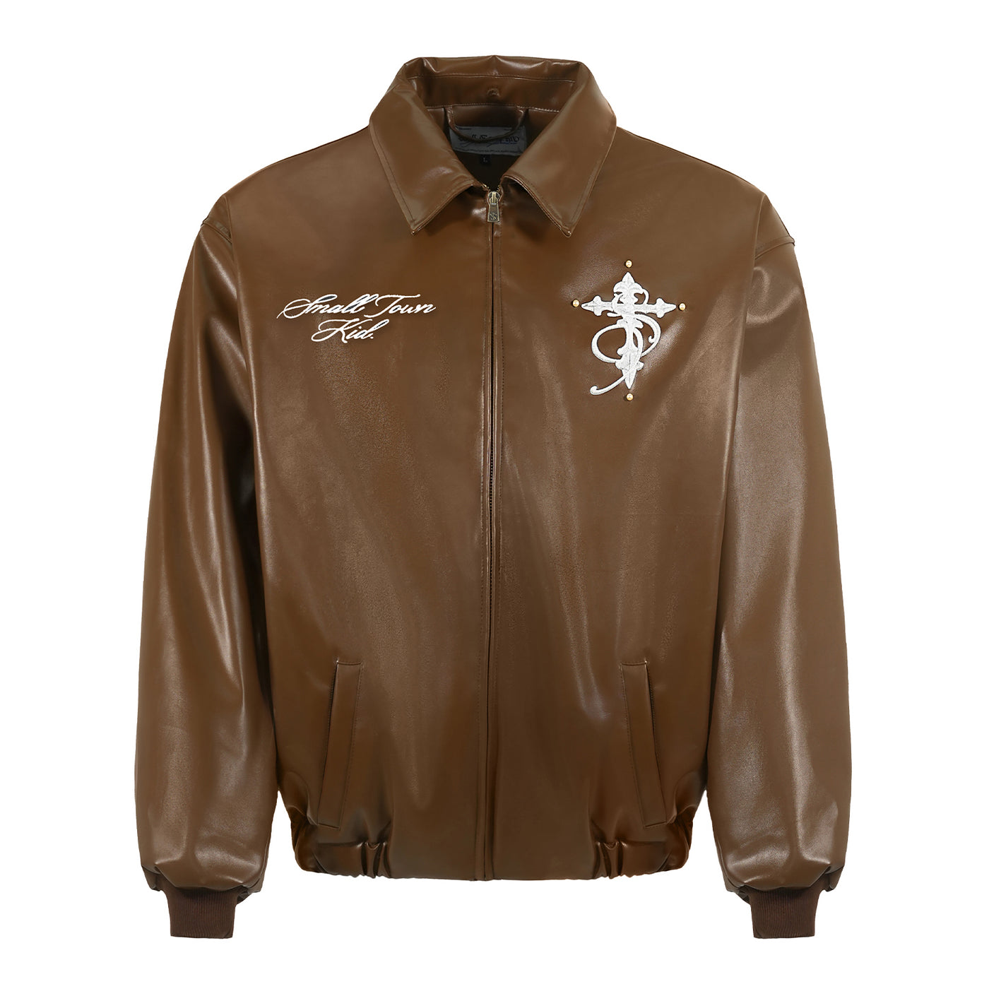 Small Town Kid Pearl Cross Logo PU Leather Racing Jacket | Face 3 Face