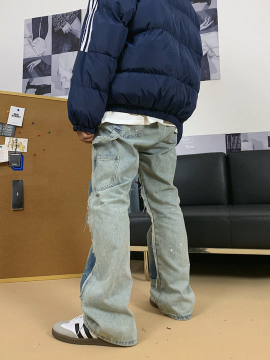 F3F Select Washed Distressed Patchwork Splash Ink Denim Jeans