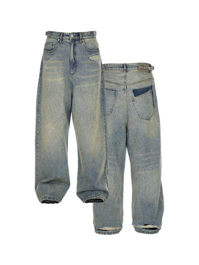 STEEPC Washed Vintage Pockets Deconstructed Baggy Jeans | Face 3 Face