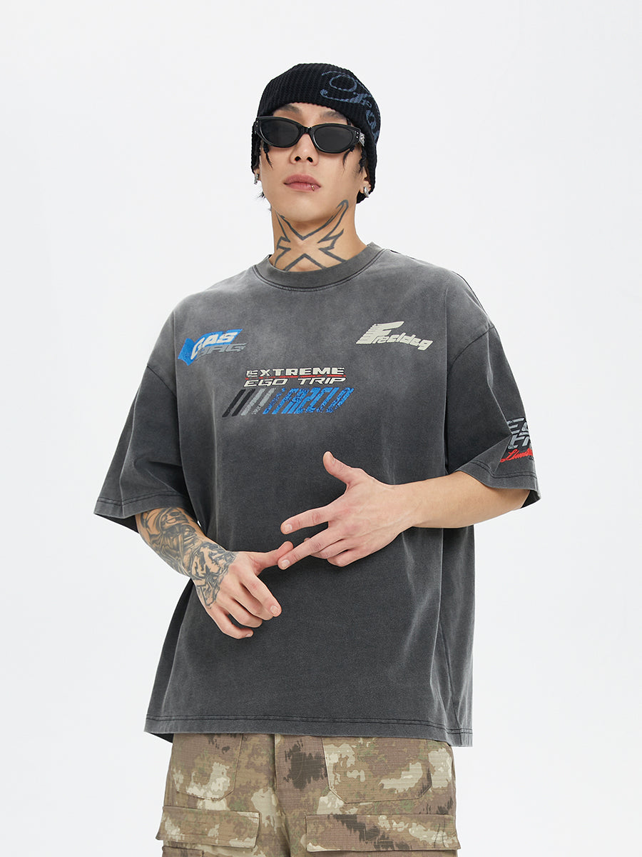 F2CE Washed Gradient Racing Cracked Letter Print Tee