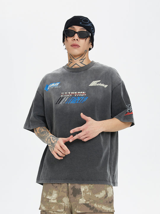 F2CE Washed Gradient Racing Cracked Letter Print Tee