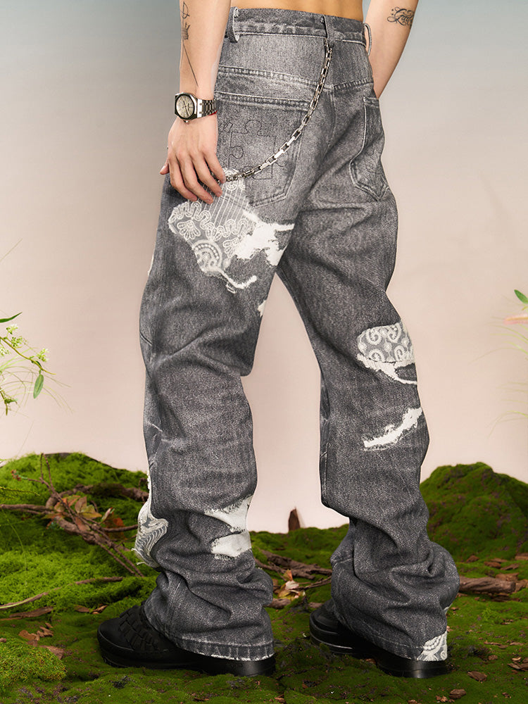 YADcrew Lace Splicing Digital Print Pants Non Jeans | Face 3 Face