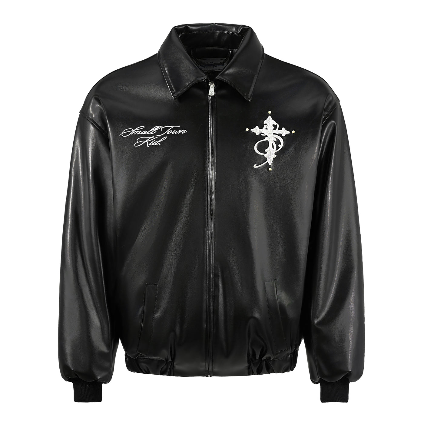 Small Town Kid Pearl Cross Logo PU Leather Racing Jacket | Face 3 Face