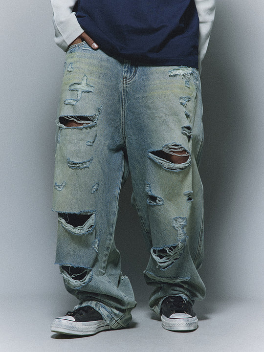 ANTIDOTE Heavy Damage Washed Broken Baggy Jeans | Face 3 Face