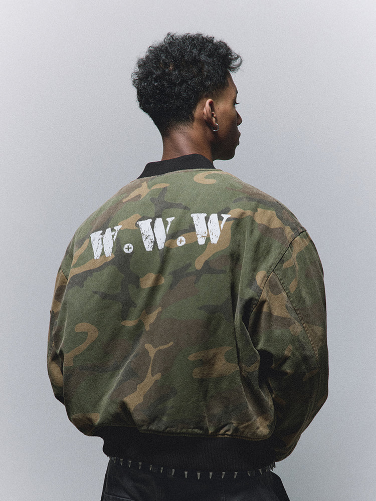 ANTIDOTE Reversible Camouflage Painted MA-1 Padded Bomber Jacket | Face 3 Face