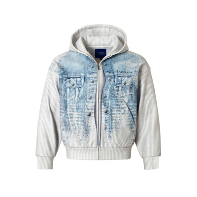 YADcrew Stripped Denim Wool Textured Print Hooded Jacket | Face 3 Face