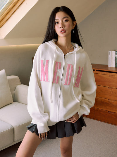 MEDM Basic Embroidered Logo Zip Up Knit Hoodie | Face 3 Face