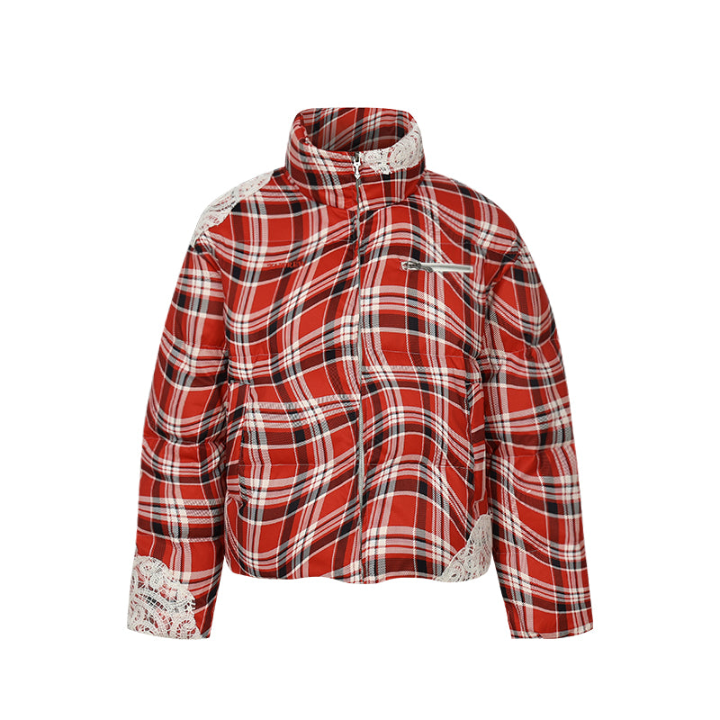 YADcrew Twisted Plaid Lace Puffer Jacket | Face 3 Face