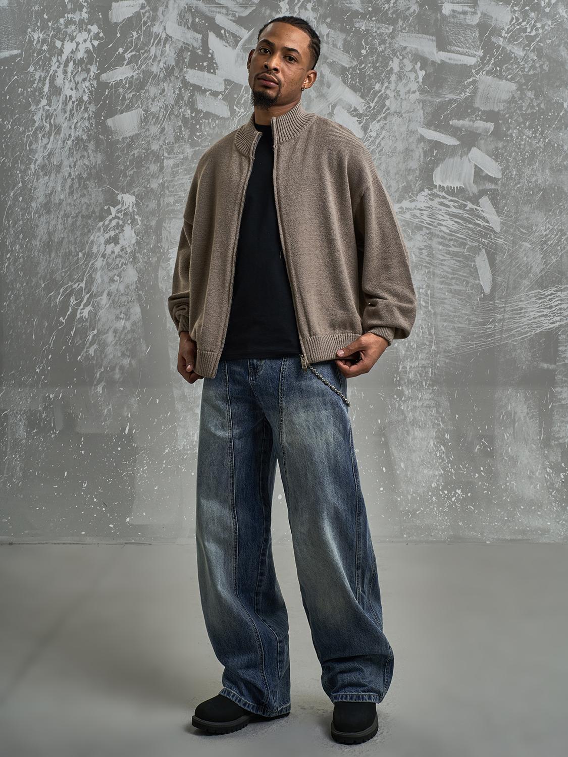 F3F Select Washed Blue Relaxed Fit Vertical Cut Jeans | Face 3 Face