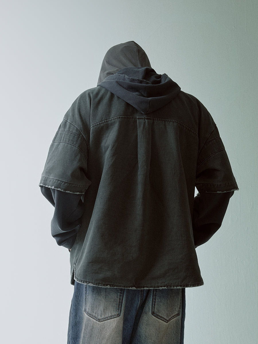 F2CE Multi Layer Hooded Washed Shirt Jacket | Face 3 Face