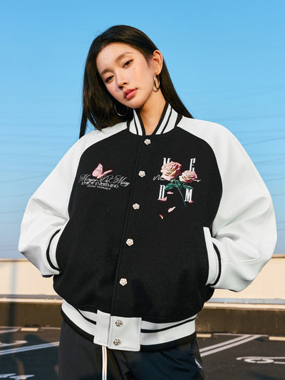 MEDM Rose Button Embroidery Varsity Jacket | Face 3 Face