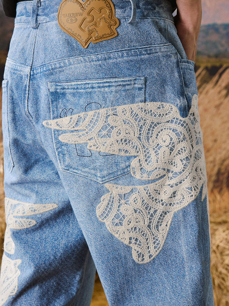 YADcrew Lace Peace Dove Patch Embroidery Print Jeans | Face 3 Face