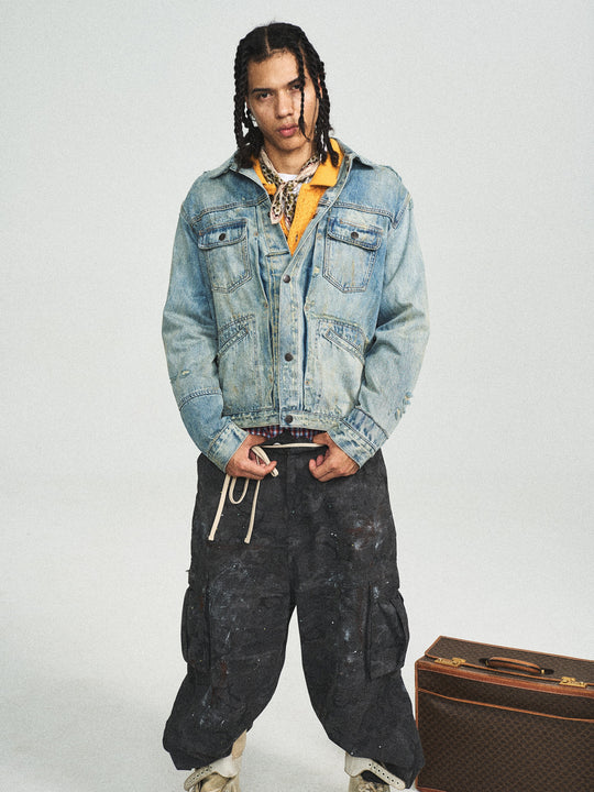 STEEPC Washed Vintage Aged Destroyed Pleated Denim Jacket | Face 3 Face