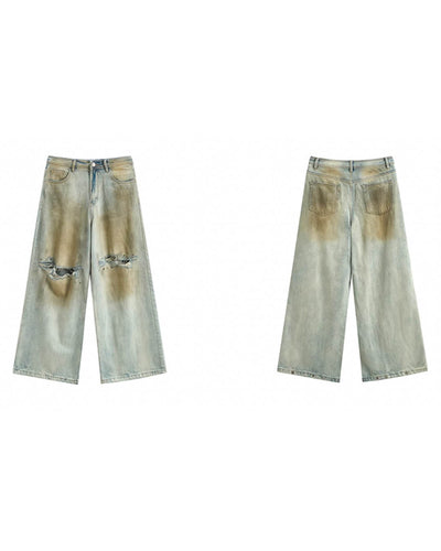 JHYQ Dirty Dye Ripped Rivets Diamonds Baggy Jeans | Face 3 Face