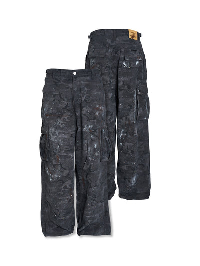 STEEPC Black Camouflage Ink Splattered Baggy Cargo Pants | Face 3 Face