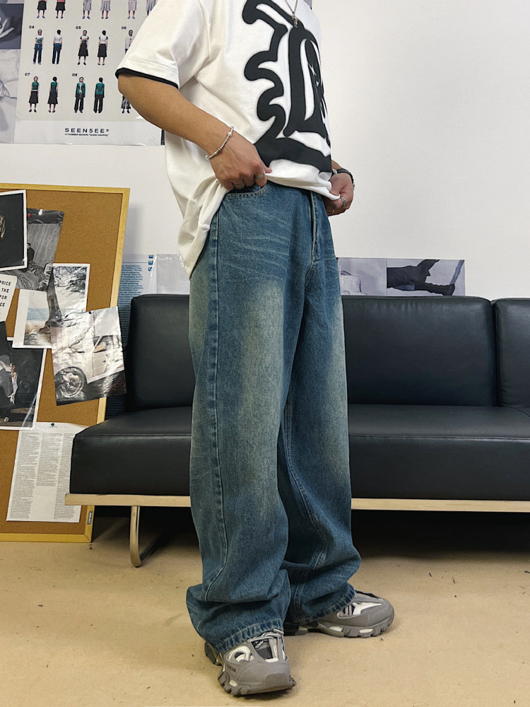 F3F Select Washed Distressed Draped Wide Legged Denim Jeans