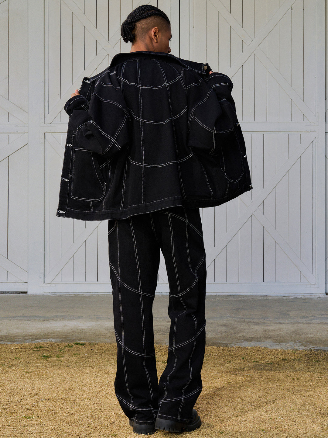 AFGK Patchwork Black Stitching Plaid Lapel Denim Jacket