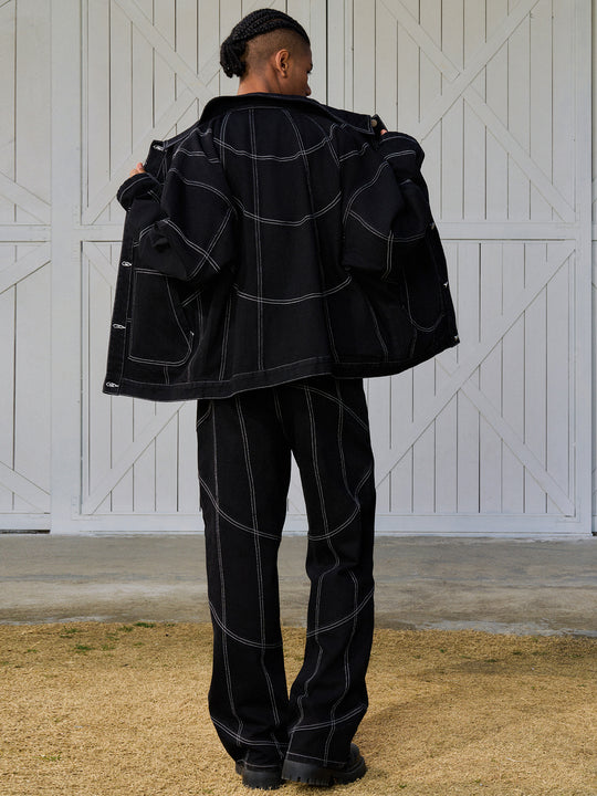 AFGK Patchwork Black Stitching Plaid Lapel Denim Jacket