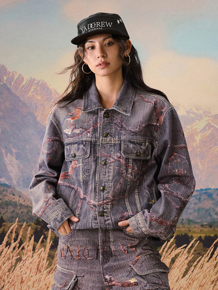 YADcrew Autumn Forest Tree Branch Print Denim Jacket | Face 3 Face