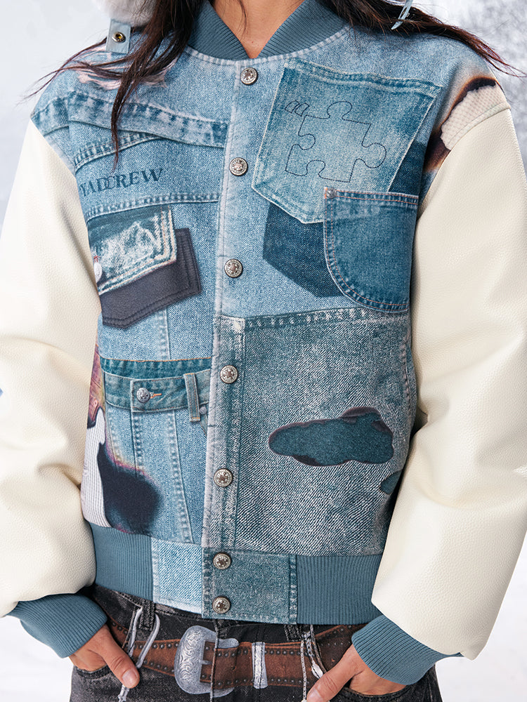 YADcrew Denim Printed Varsity Jacket | Face 3 Face