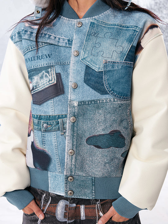 YADcrew Denim Printed Varsity Jacket | Face 3 Face