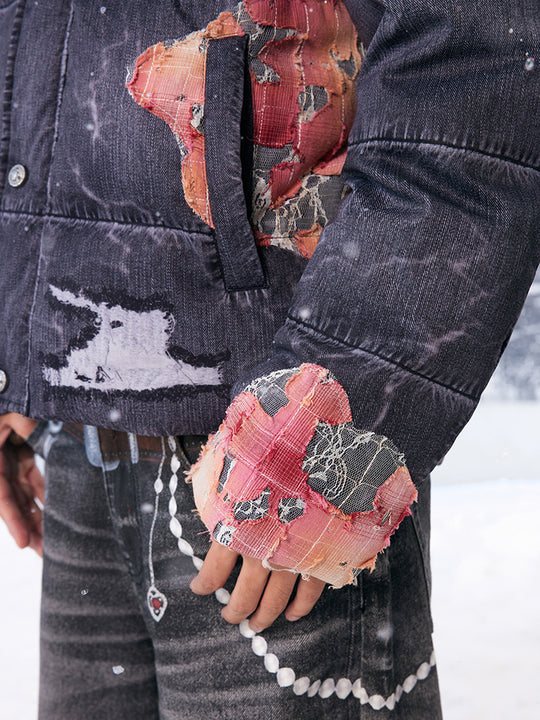 YADcrew Evening Lace Patch 3D Printed Denim Down Jacket | Face 3 Face
