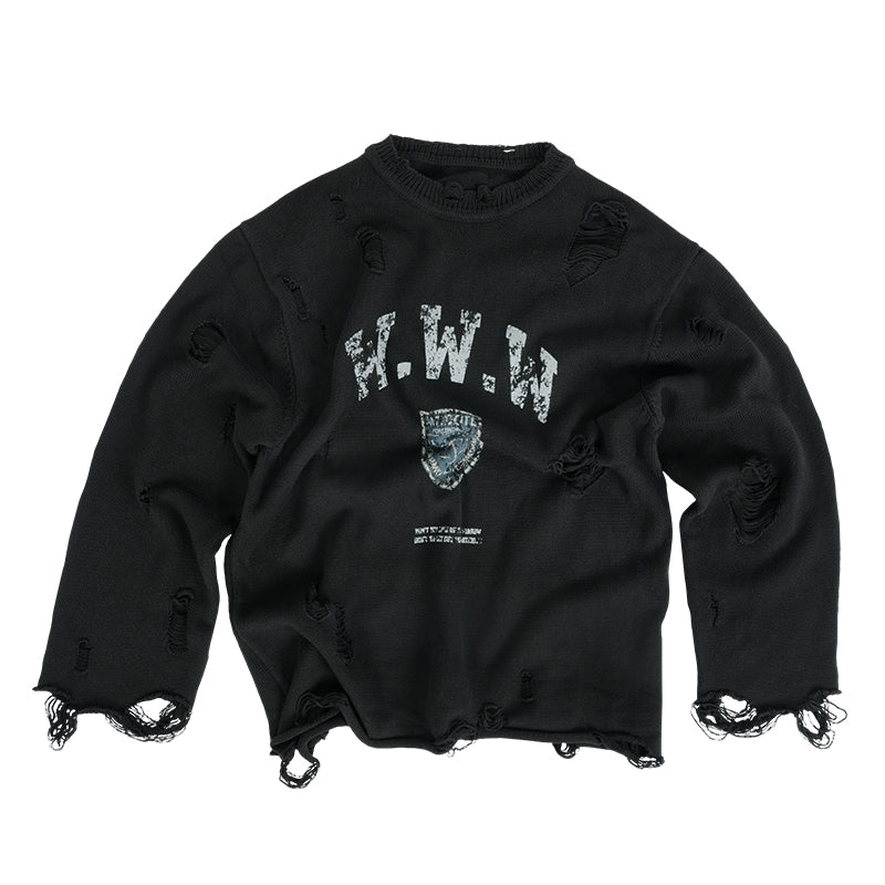 ANTIDOTE Hole Breaking Badge Printed Knit Sweater | Face 3 Face