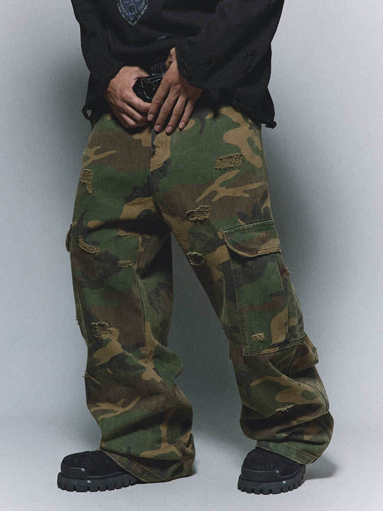ANTIDOTE Camouflage Washed Hole Baggy Cargo Pants | Face 3 Face
