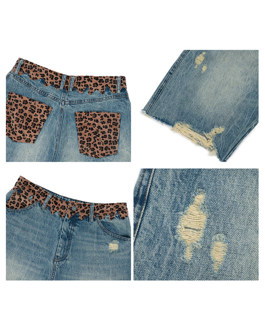 ANTIDOTE Leopard Patchwork Denim Shorts | Face 3 Face