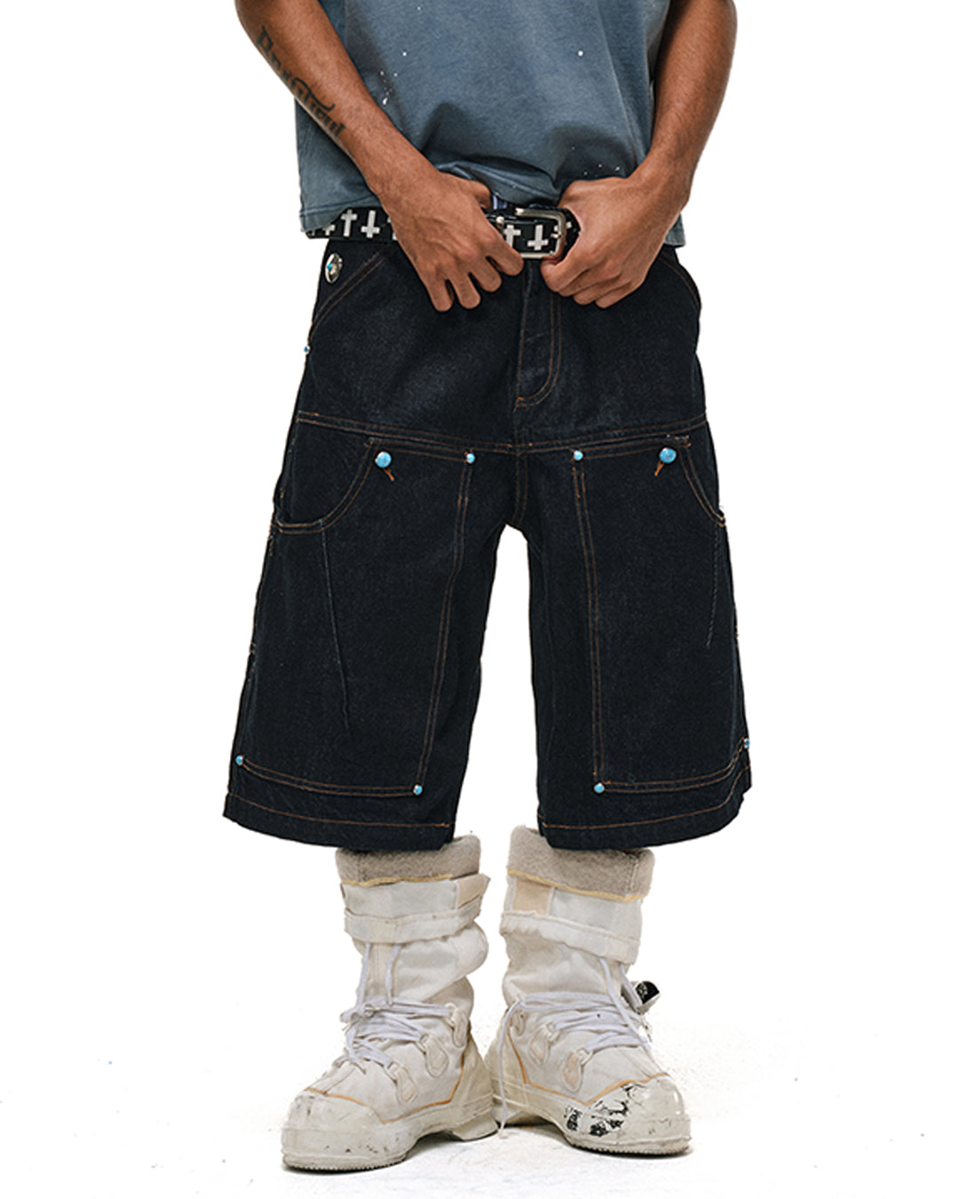 ANTIDOTE Blue Stone Studded Denim Shorts | Face 3 Face