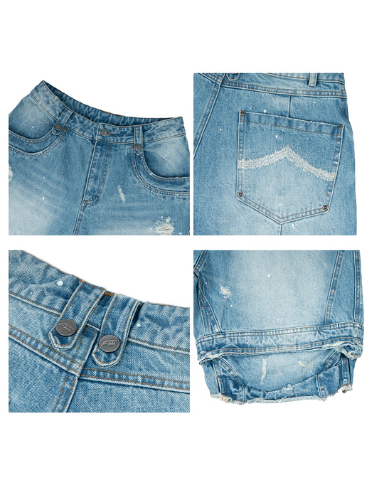 ANTIDOTE Destroyed Double-Layer Washed Denim Shorts | Face 3 Face