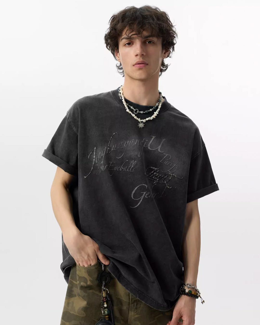 JHYQ 3D Letter Print Washed Tee | Face 3 Face