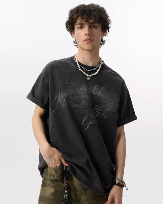 JHYQ 3D Letter Print Washed Tee | Face 3 Face