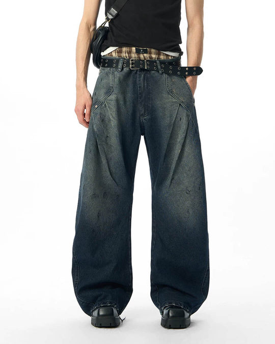 JHYQ 3D Pleated Distressed Washed Baggy Jeans | Face 3 Face