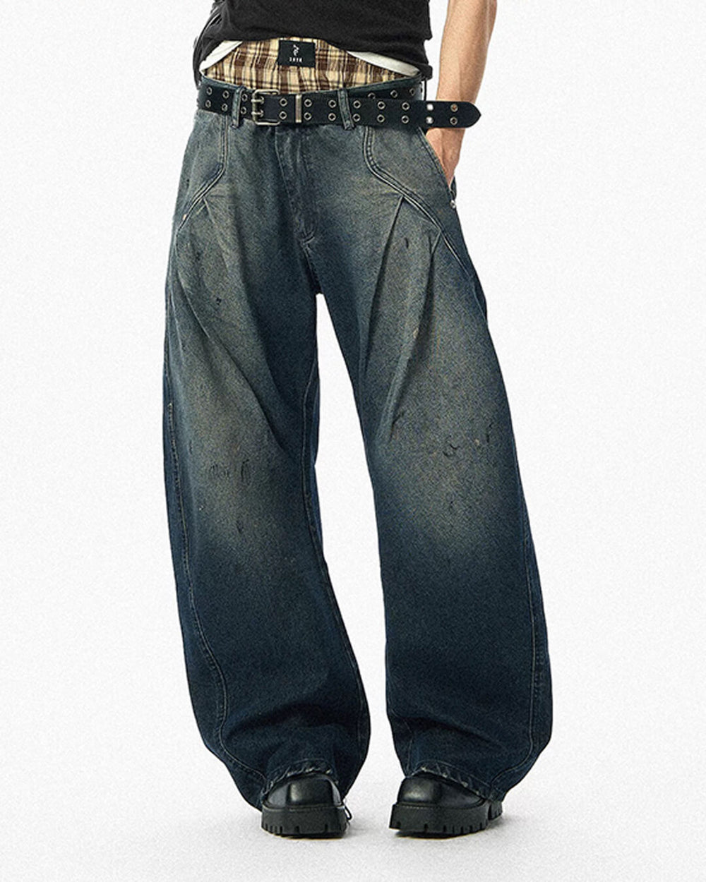 JHYQ 3D Pleated Distressed Washed Baggy Jeans