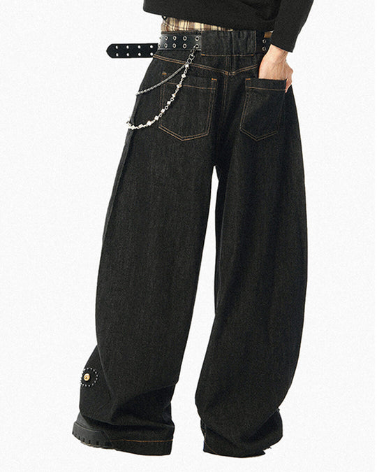 JHYQ Black Beaded Studded Curved Seam Machete Jeans | Face 3 Face