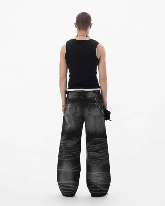 JHYQ Black Multi Button Whiskered Washed Loose Fit Jeans | Face 3 Face