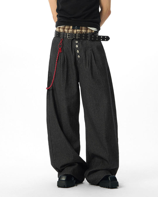 JHYQ Black Pinstripe Button Detail Wide Leg Suit Pants | Face 3 Face