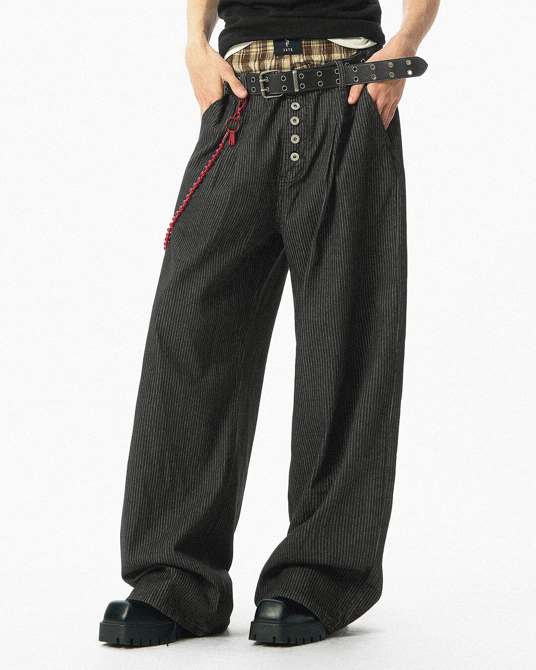 JHYQ Black Pinstripe Button Detail Wide Leg Suit Pants | Face 3 Face