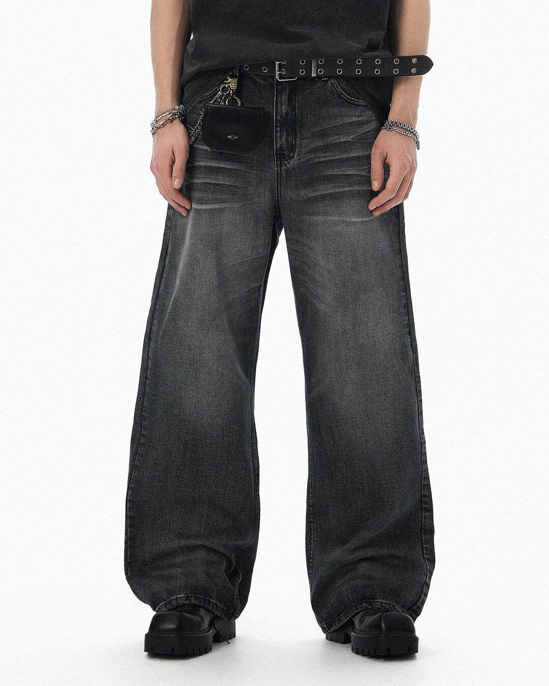 JHYQ Black Vintage Wash Wide Leg Jeans | Face 3 Face