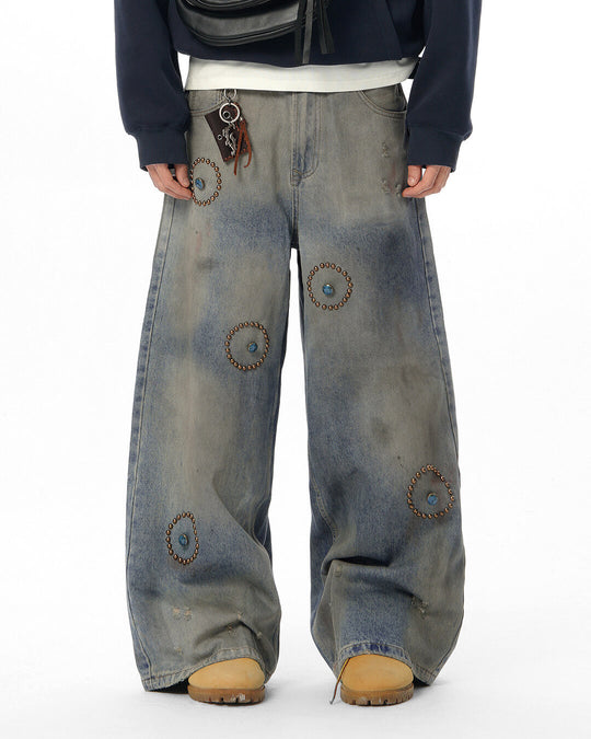 JHYQ Blue Beaded Studded Curved Seam Machete Jeans | Face 3 Face