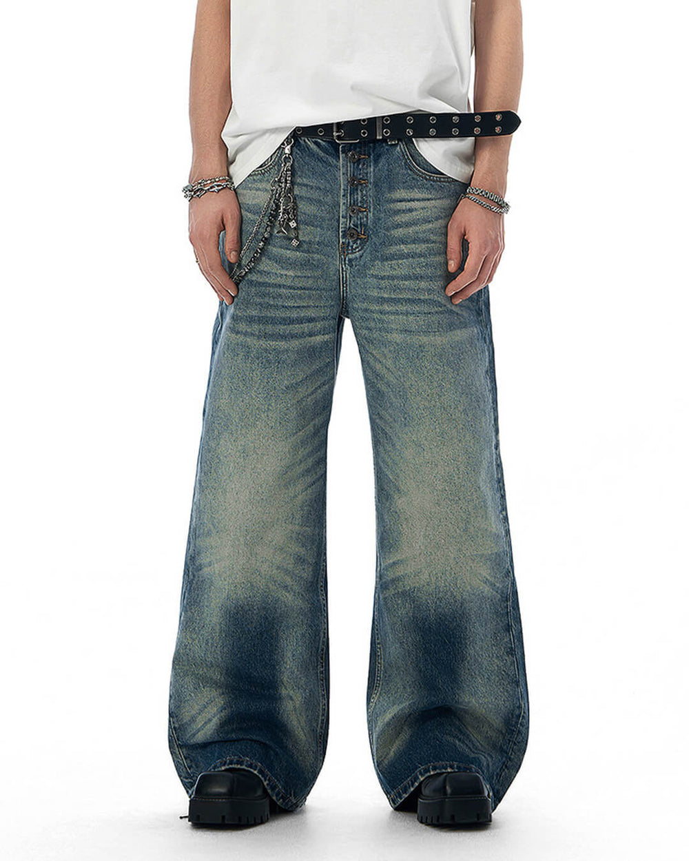 JHYQ Blue Multi Button Whiskered Washed Loose Fit Jeans | Face 3 Face